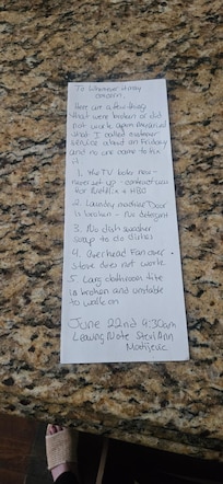 Note I left for property manager.