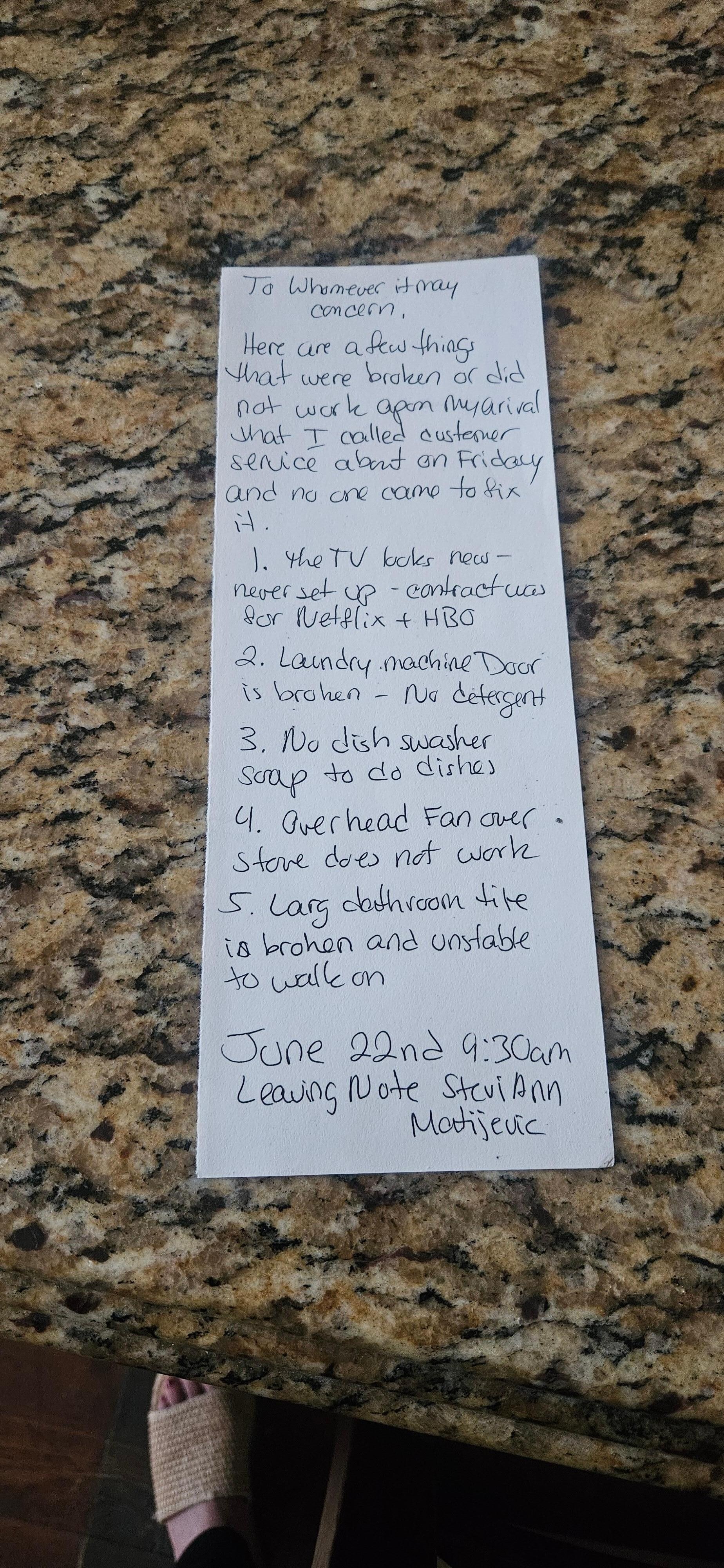 Note I left for property manager.