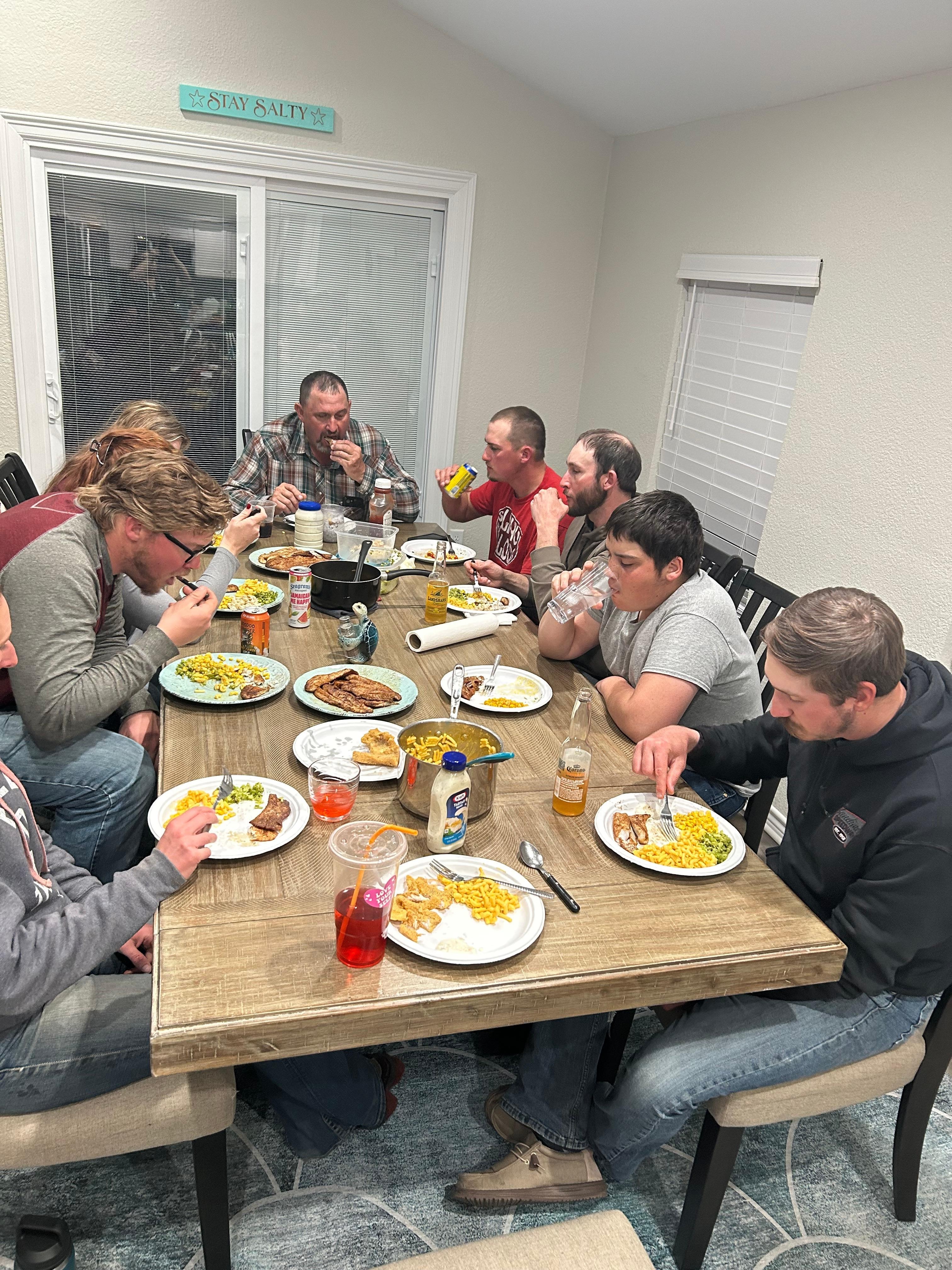 Family dinner of fish and crabs. 