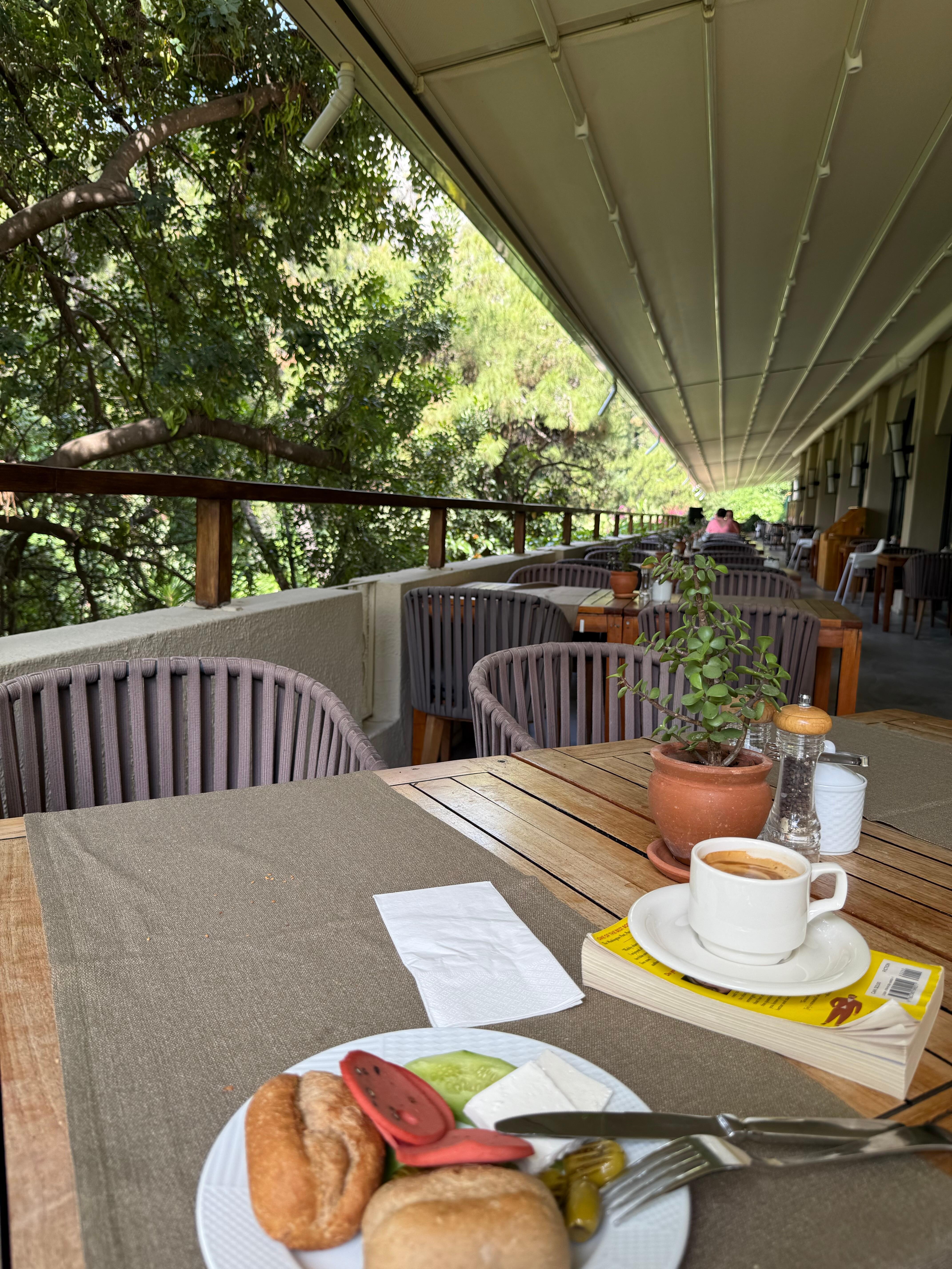 Restaurant has outdoor seating with beautiful views