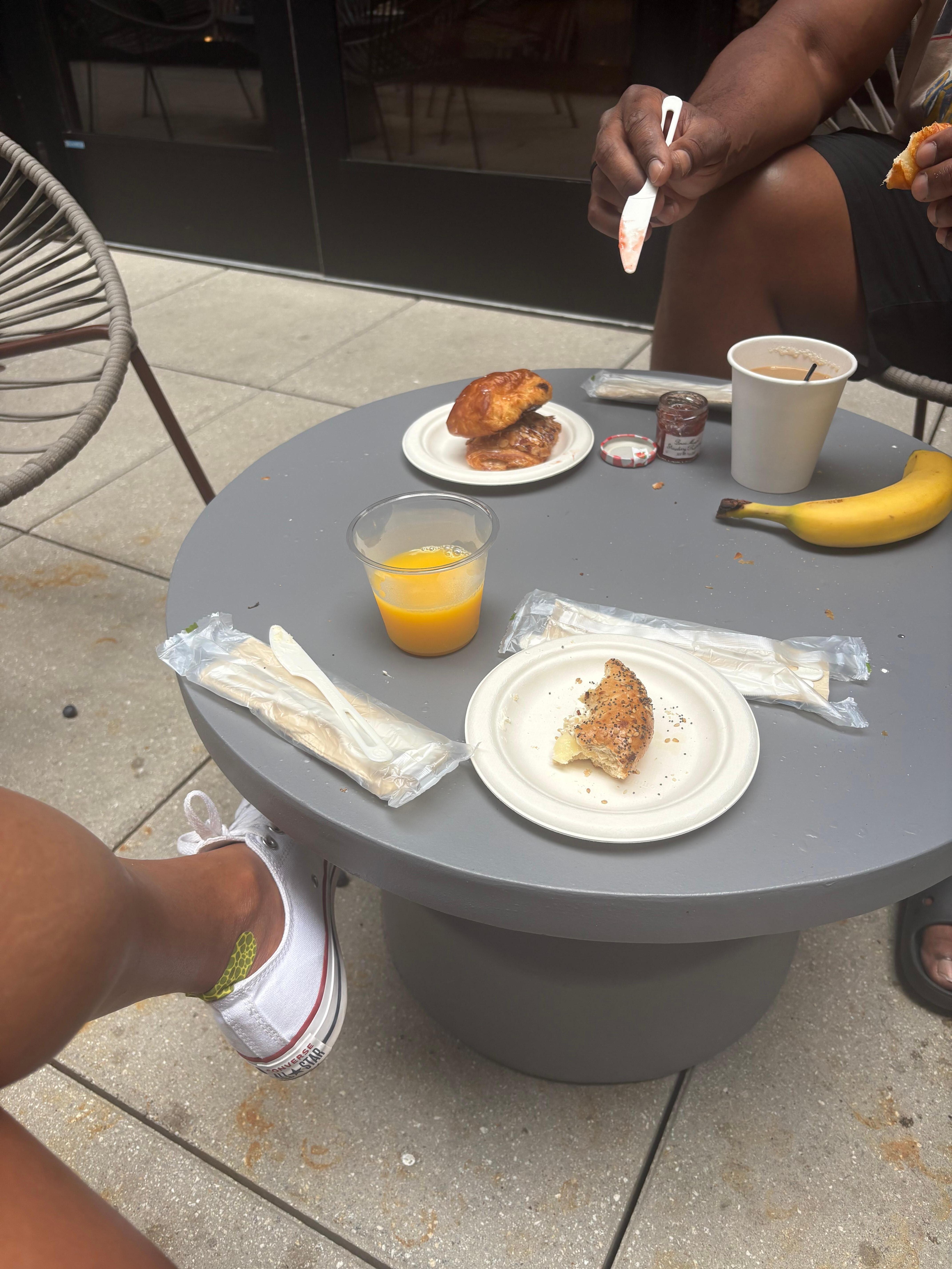 Standard continental breakfast. There was also cold cereal and oatmeal. 