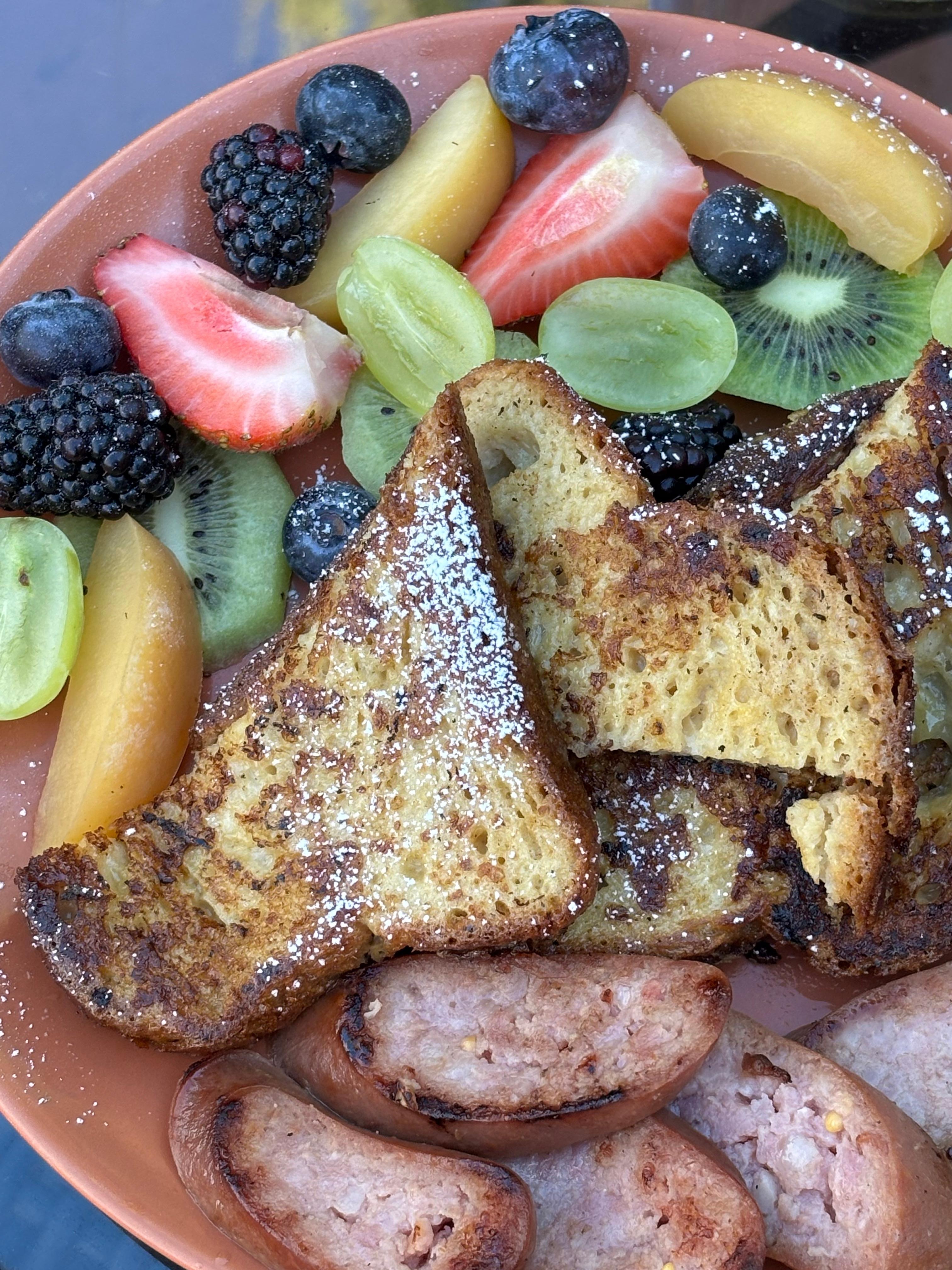 French toast, sausage, fresh fruit