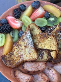 French toast, sausage, fresh fruit