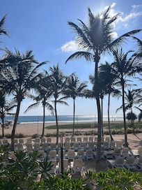 View of sea and beach from pool