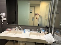 The bathroom sinks for two.