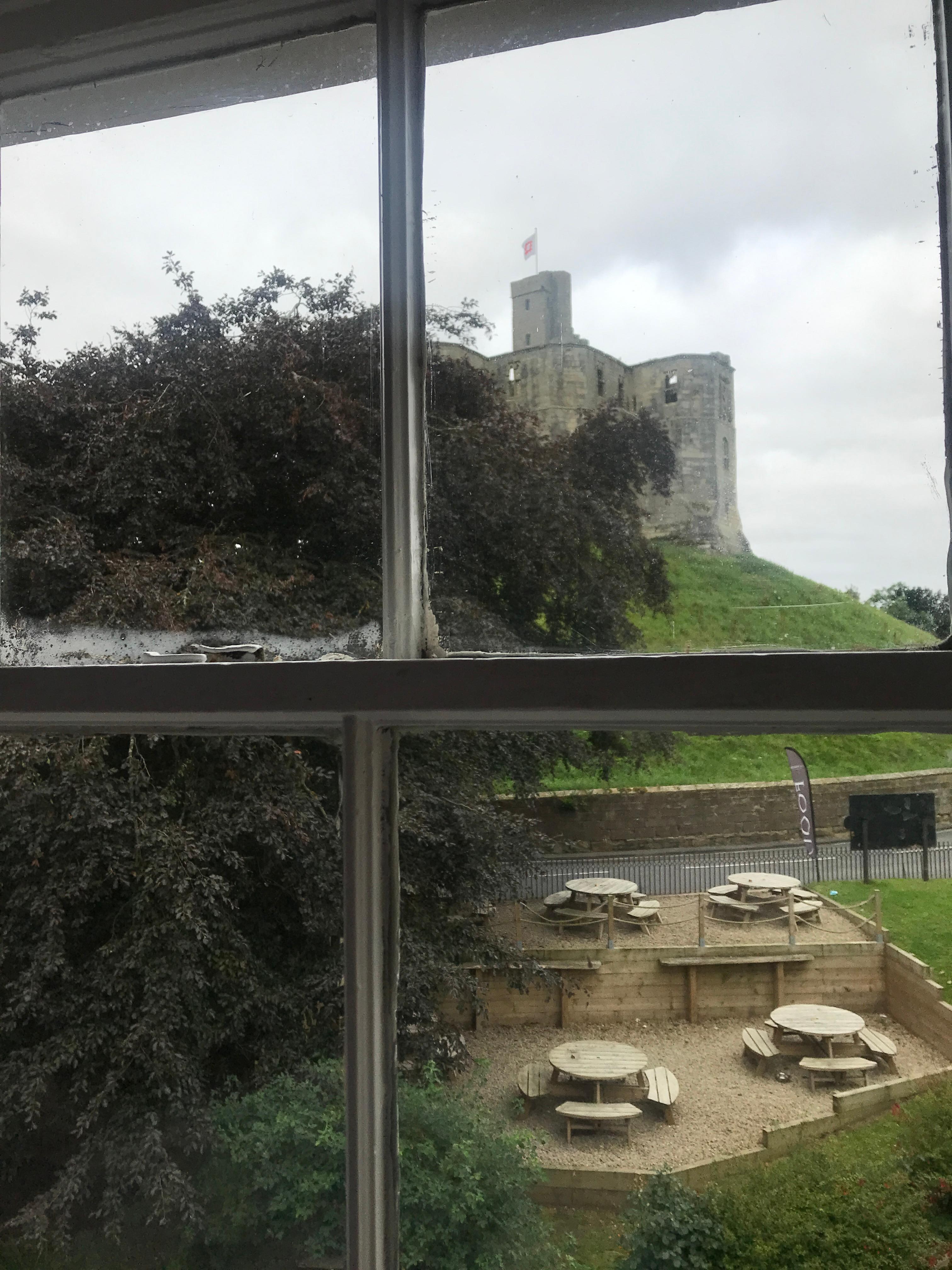 View of the castle and pub terrace from room