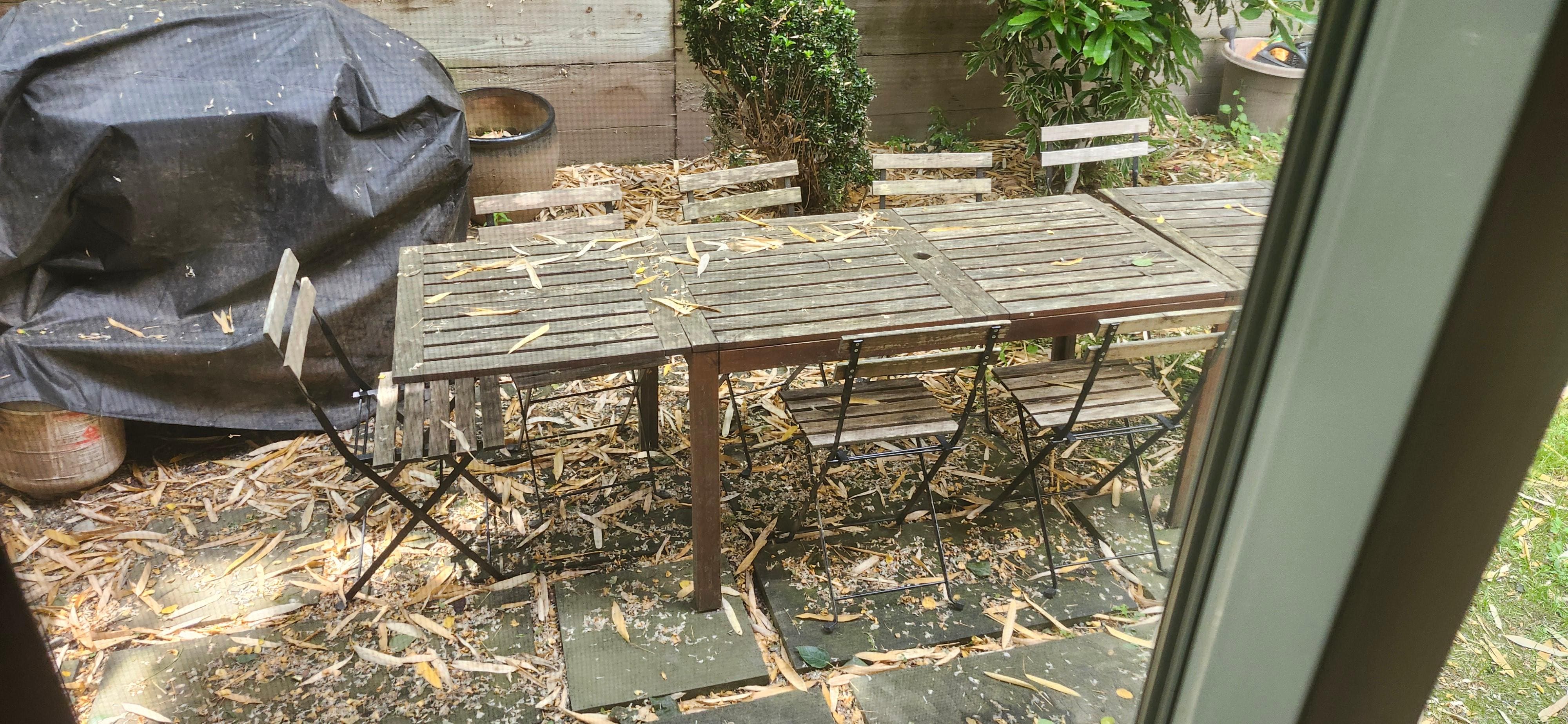 Broken grill and unclean patio