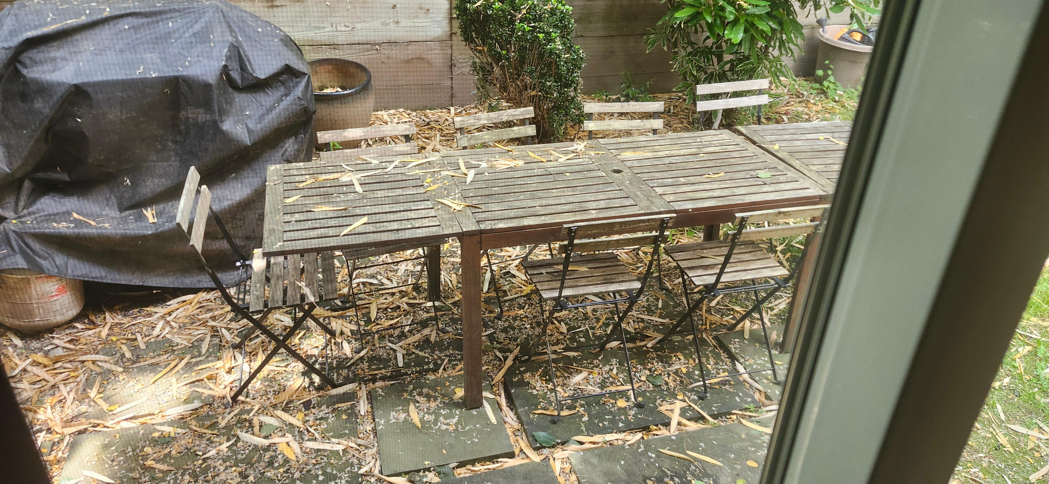 Broken grill and unclean patio