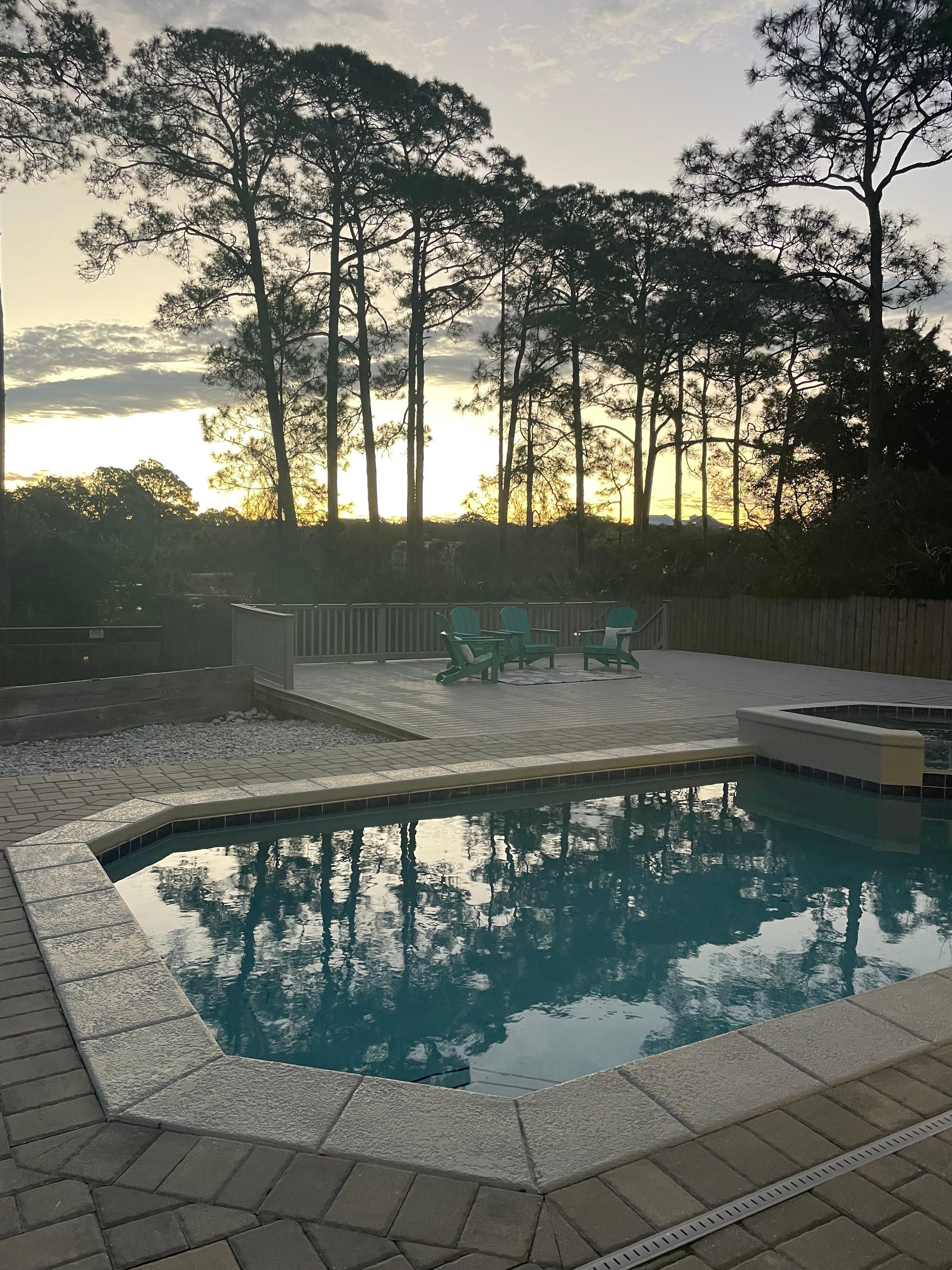 Sunrise views over the pool and spa
