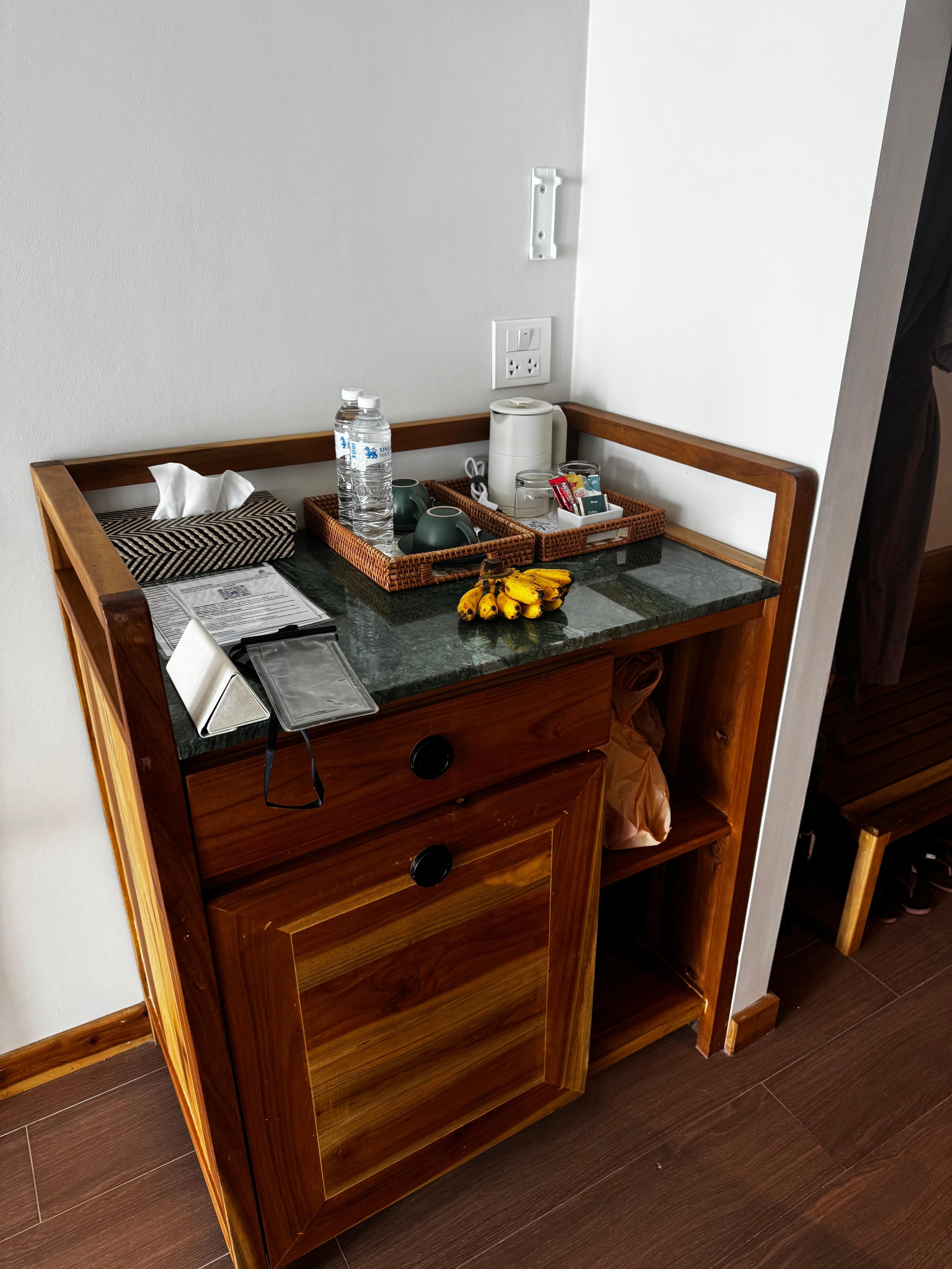 Water, coffee, tea, mini fridge with mini bar (for a fee)