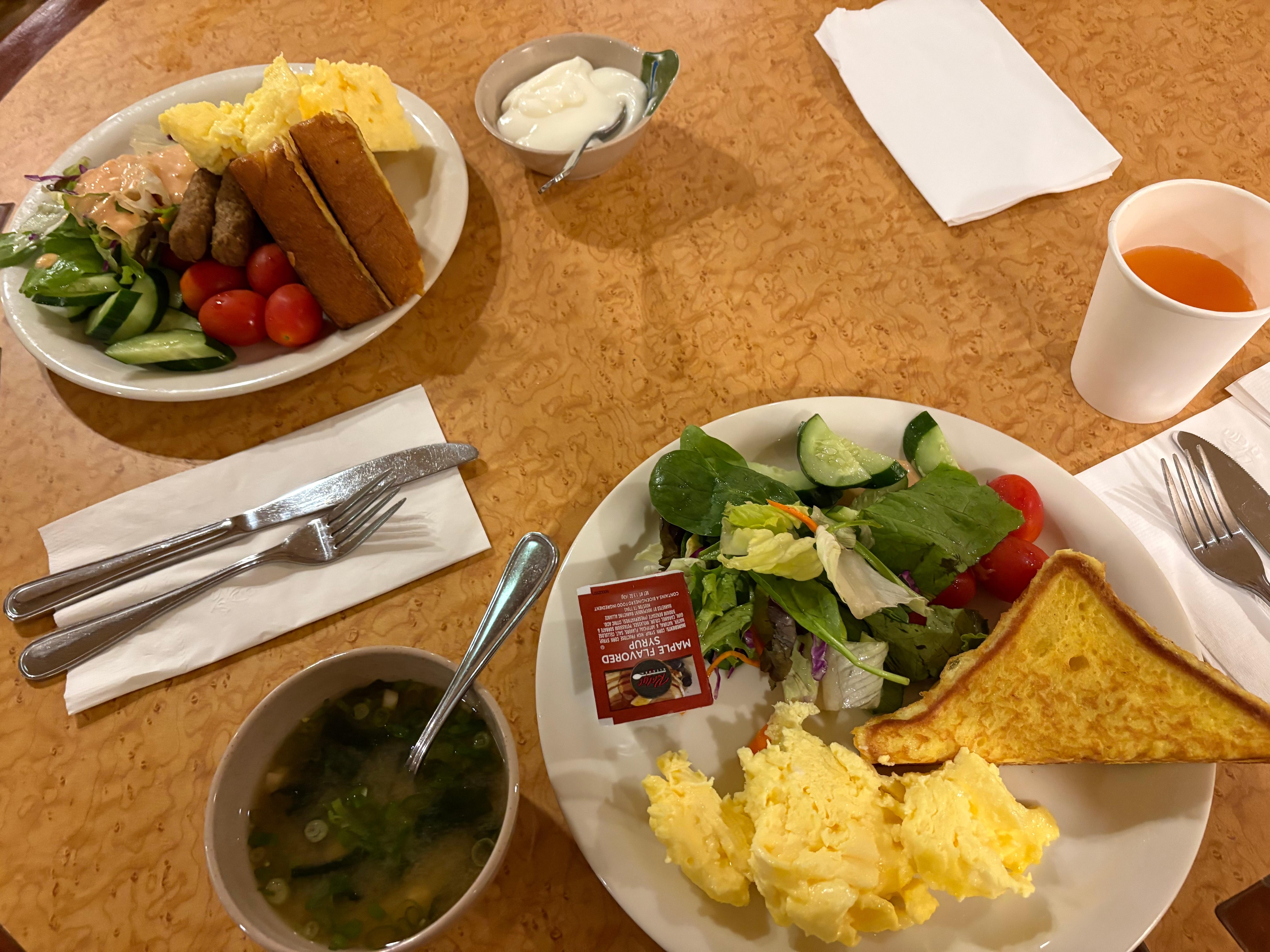 Fresh salads and fruits and eggs every morning