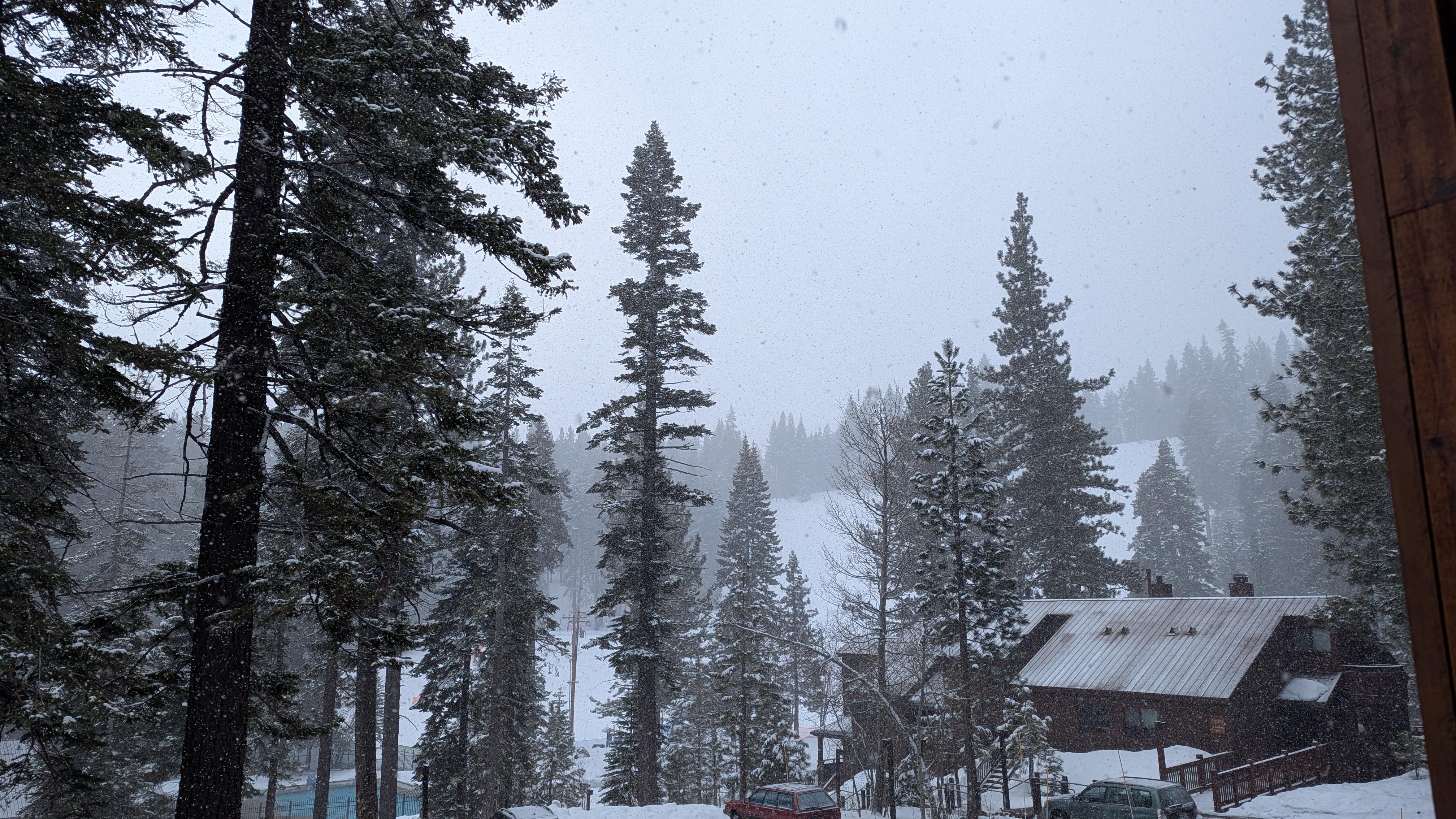 Snowy window view of the slopes 