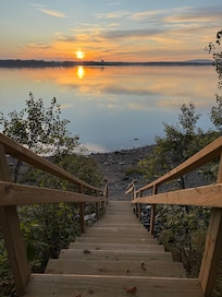Walkway to the water - shore is rocky, not a sandy beach. Tides in and out were cool.