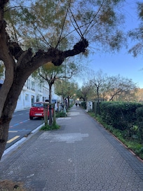 Sidewalk in front of hotel