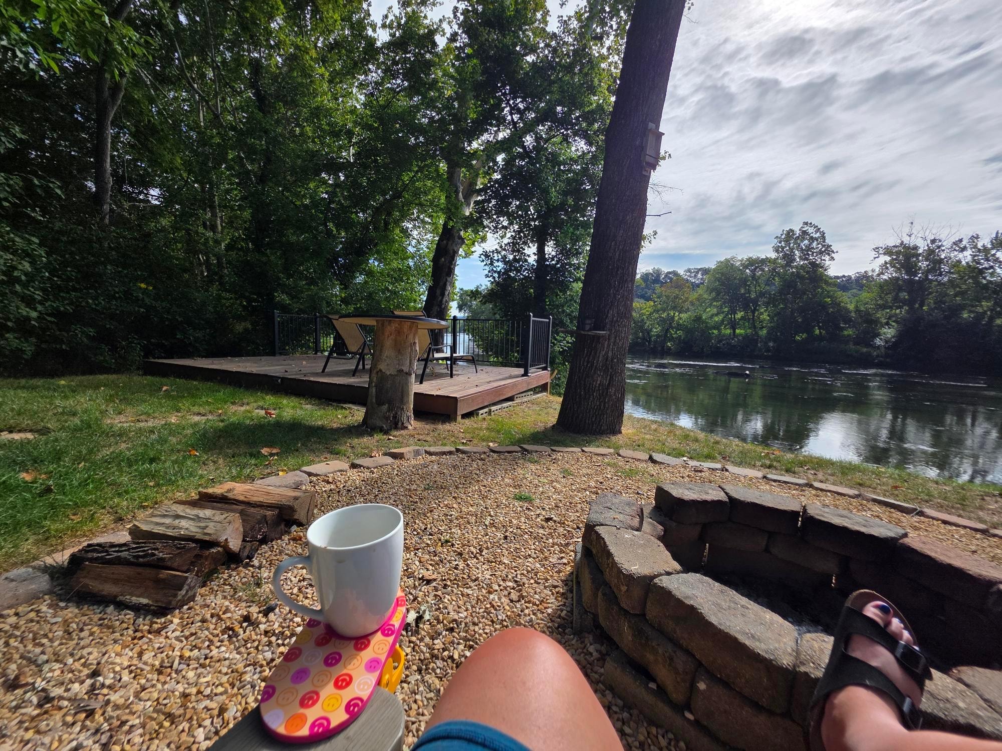 enjoying coffee by the river bank