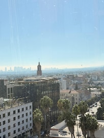 rooftop has an incredible view of dtla and the hollywood hills