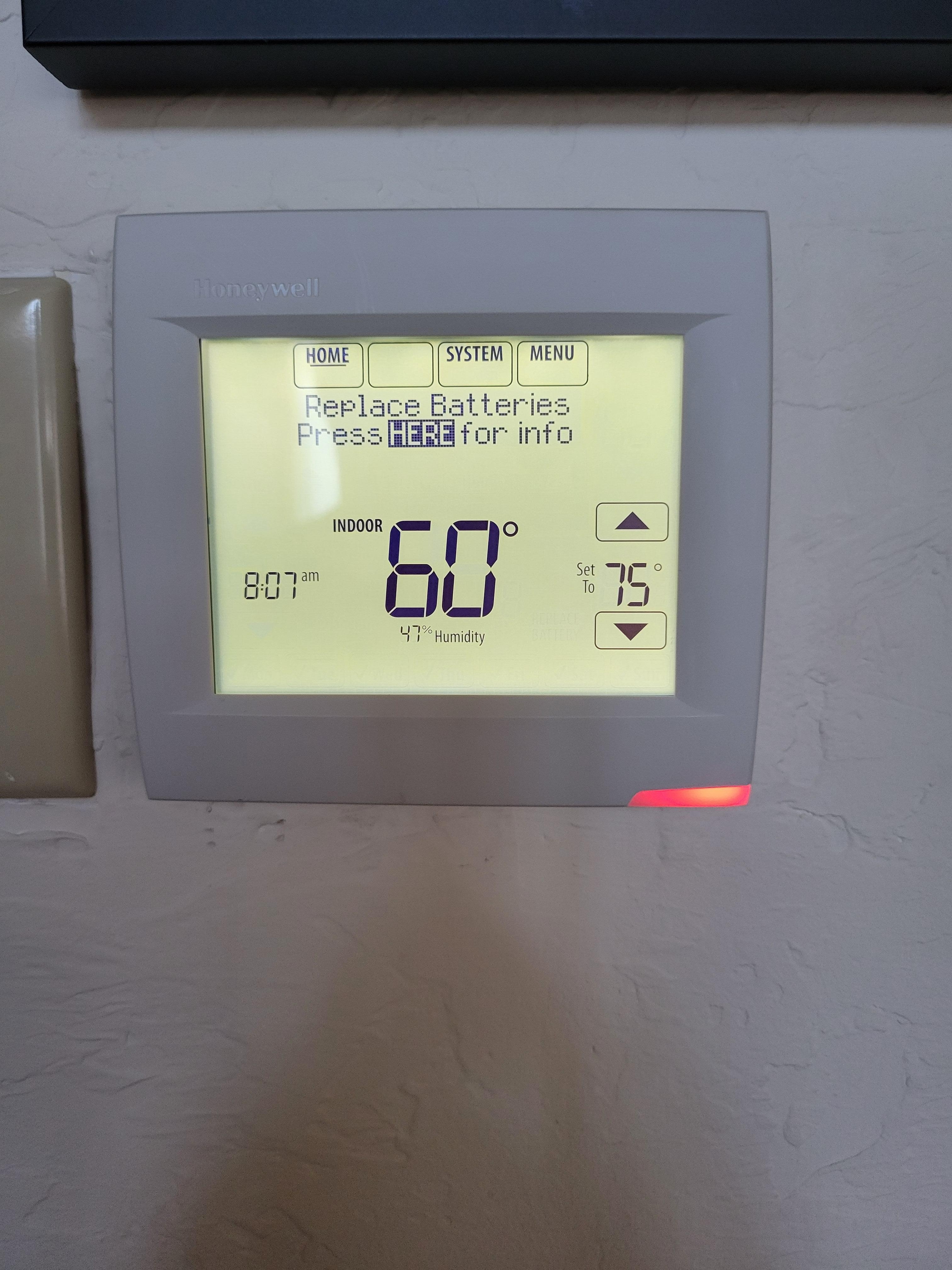 Inside temp 60 degrees, thermostat was set to 75 degrees over night, no rise in temnp.