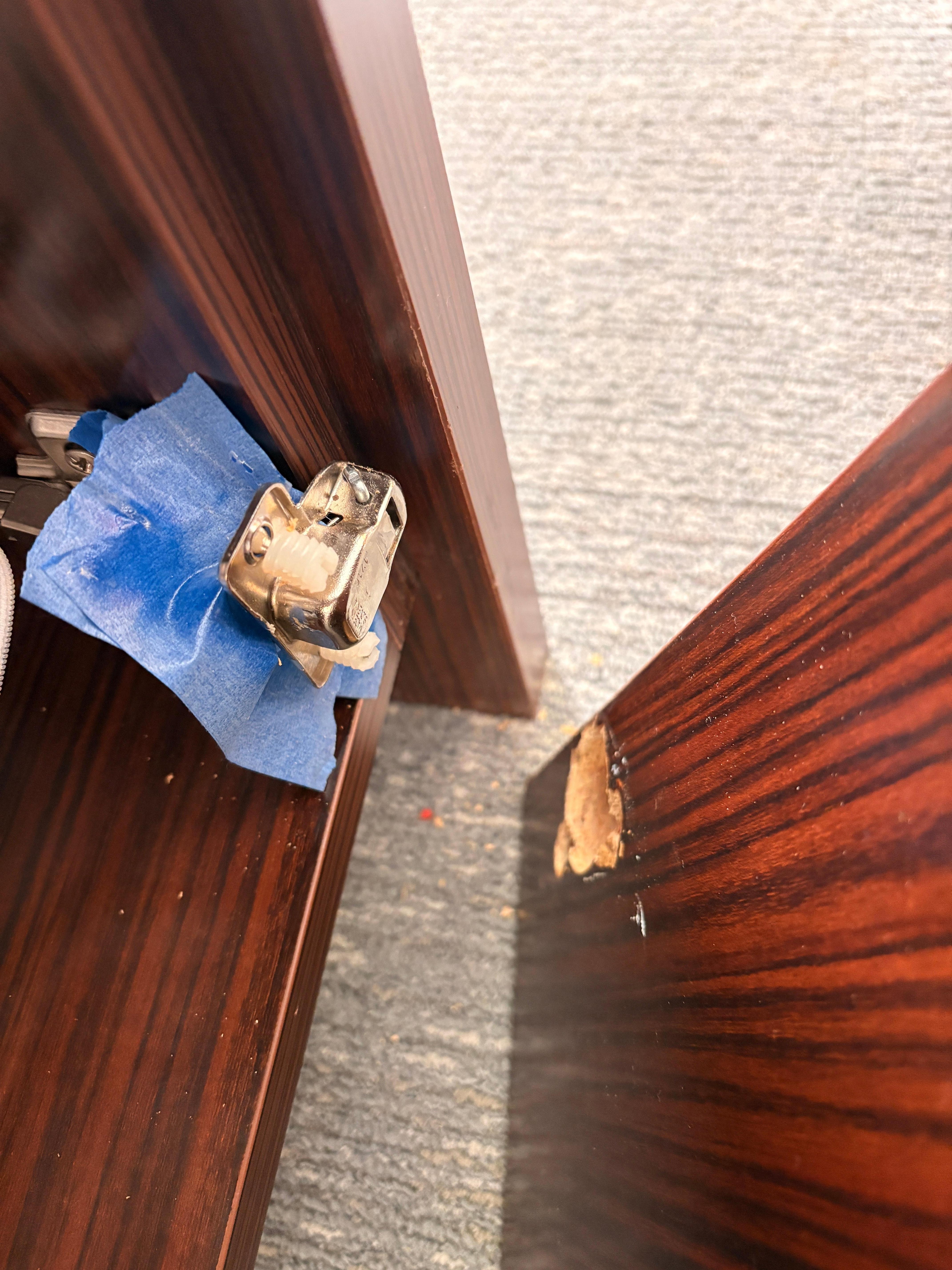 Broken cabinet door that was broken when we got to the room. 