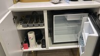 Mini fridge and kitchen items
