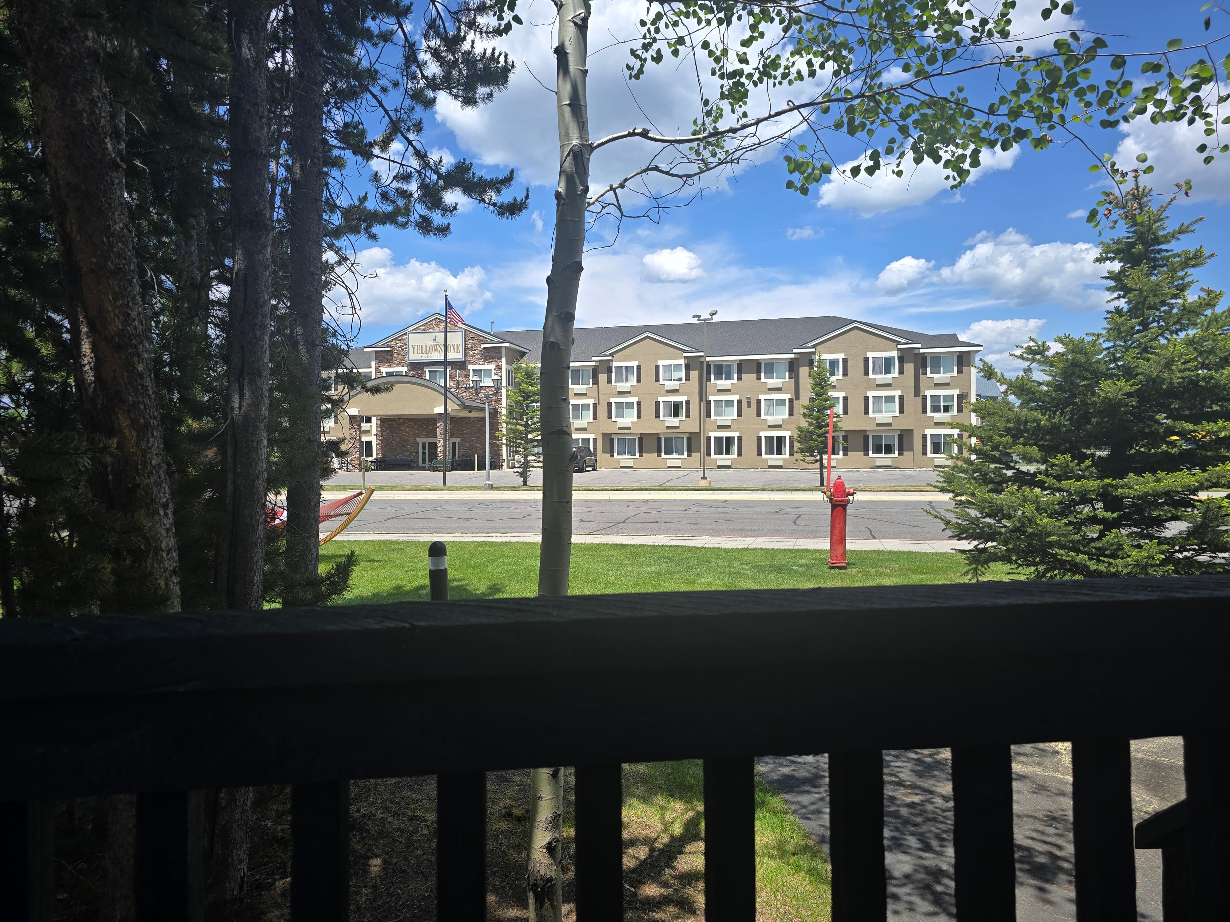 View of glaring  HOTEL from our front porch.