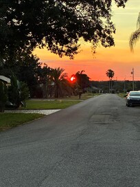 Neighborhood street at sunset