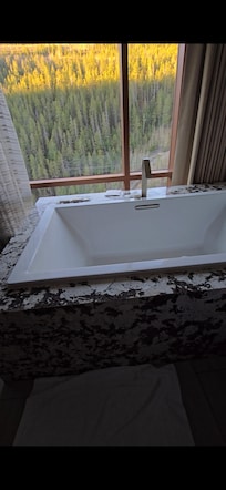 Hotub with mountain view and a tv to watch as well