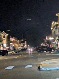 Front Street at night.