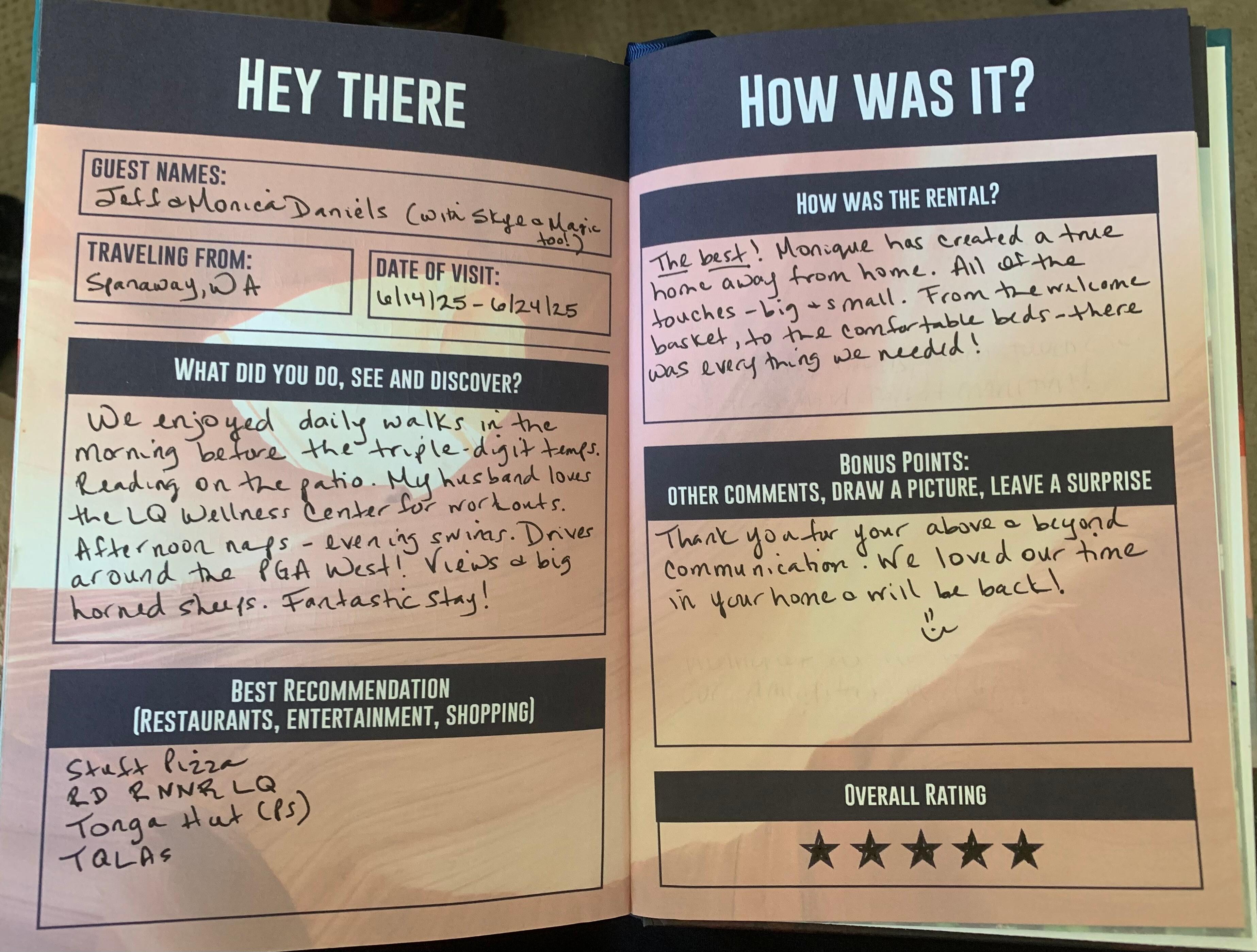 Guest book, full of reviews from happy guests