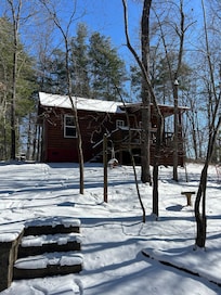 from the fire pit looking at the back of the cabin