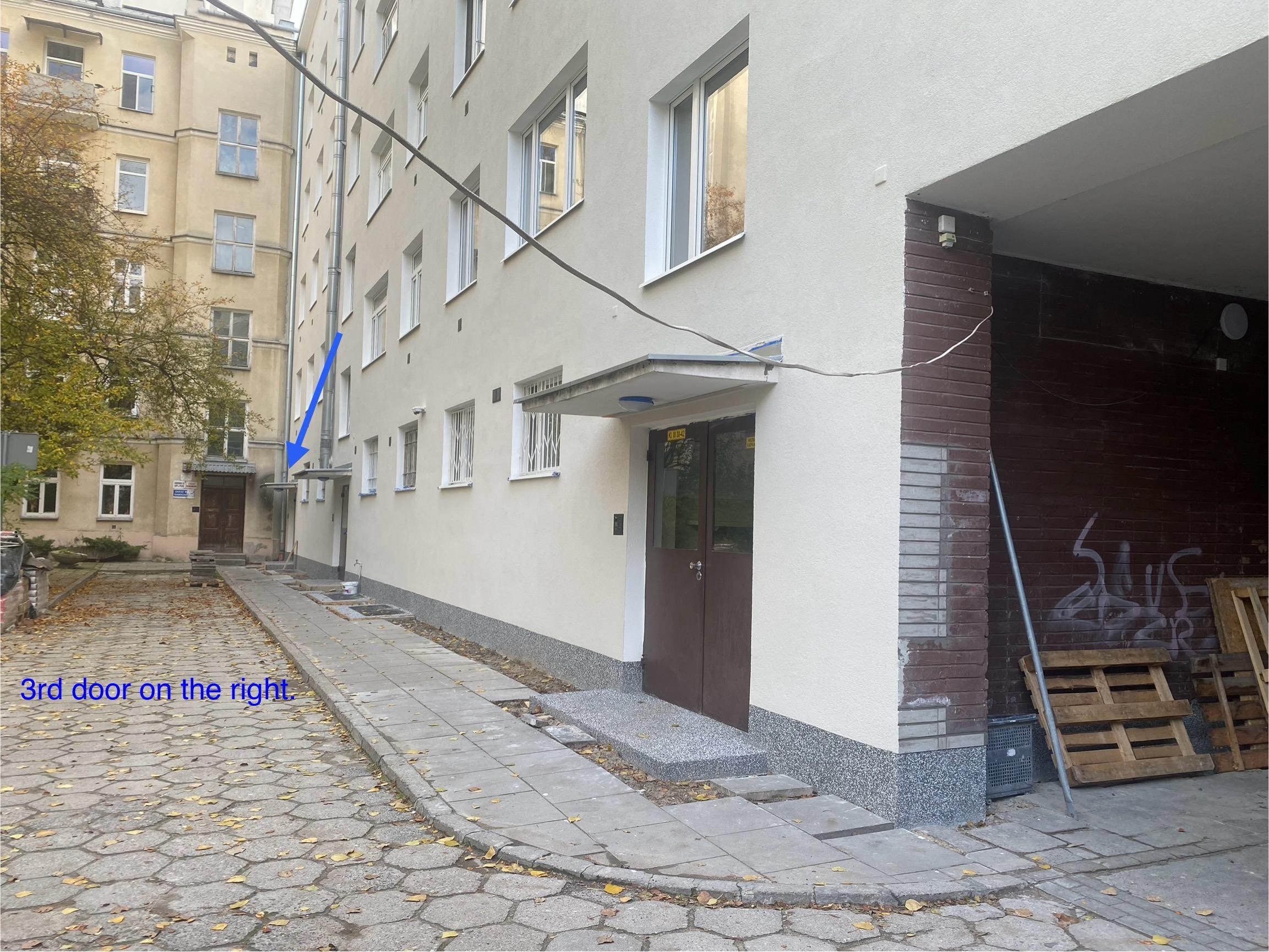 Third door on the right.