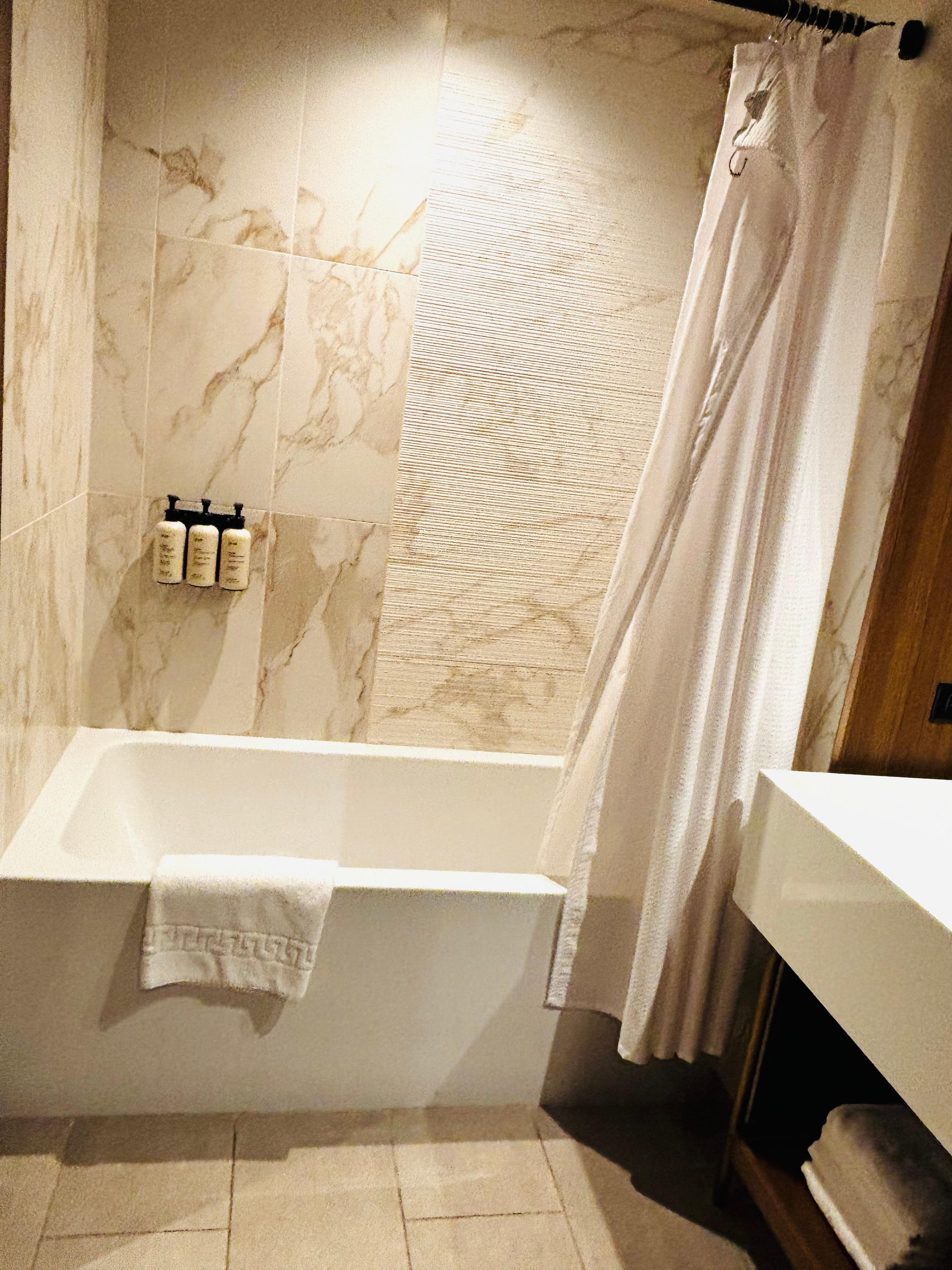 It has a bathtub and shower. Many hotels only have a shower