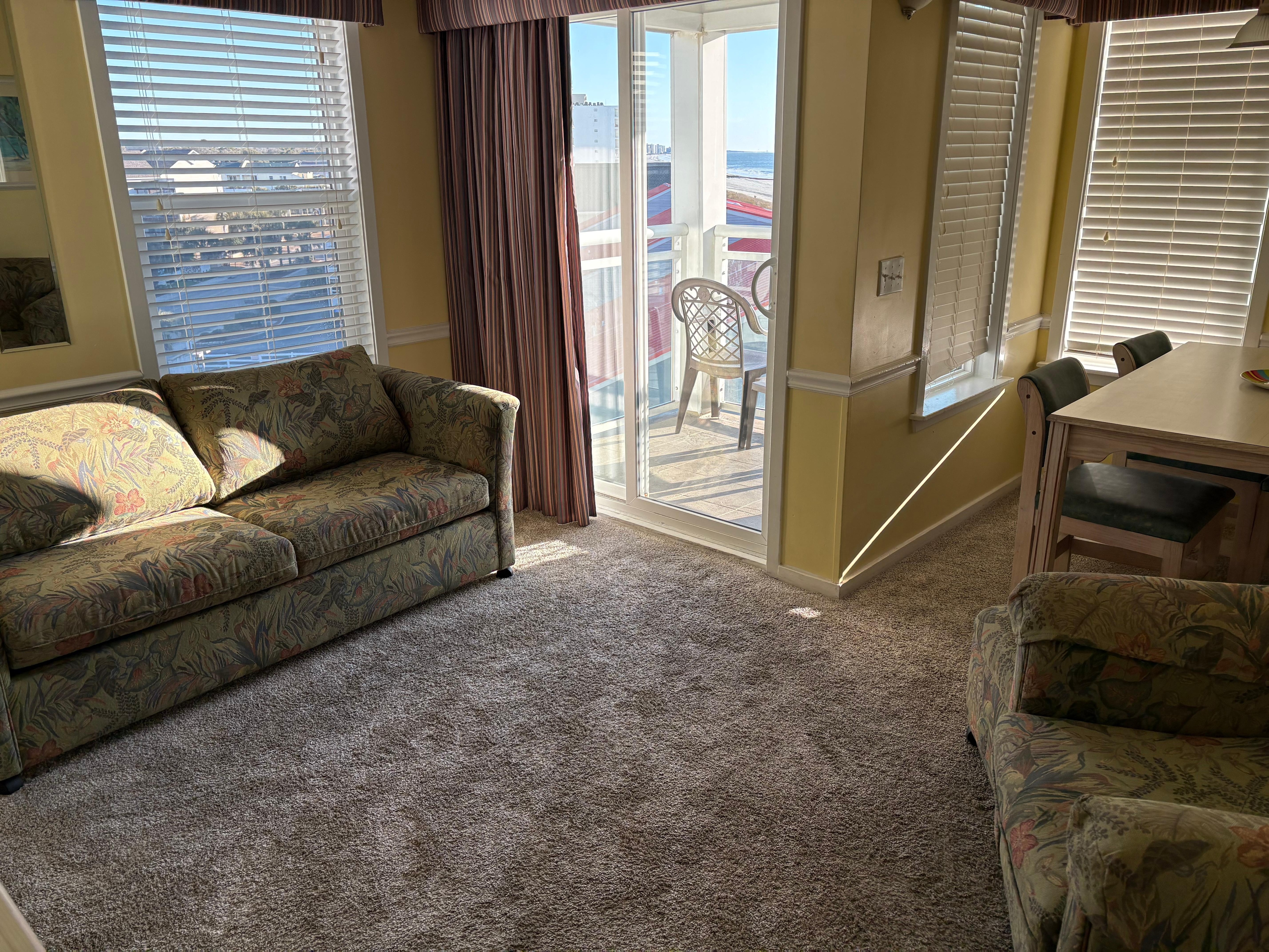 Great view of beach, but carpet and furniture pretty worn. 