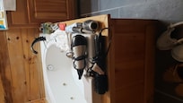 Bathroom clutter. Need small shelving
