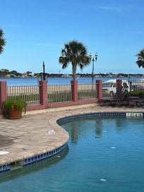 Pool area-can see the Lighthouse across the river