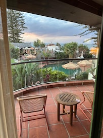 Pool and sea view from our balcony.