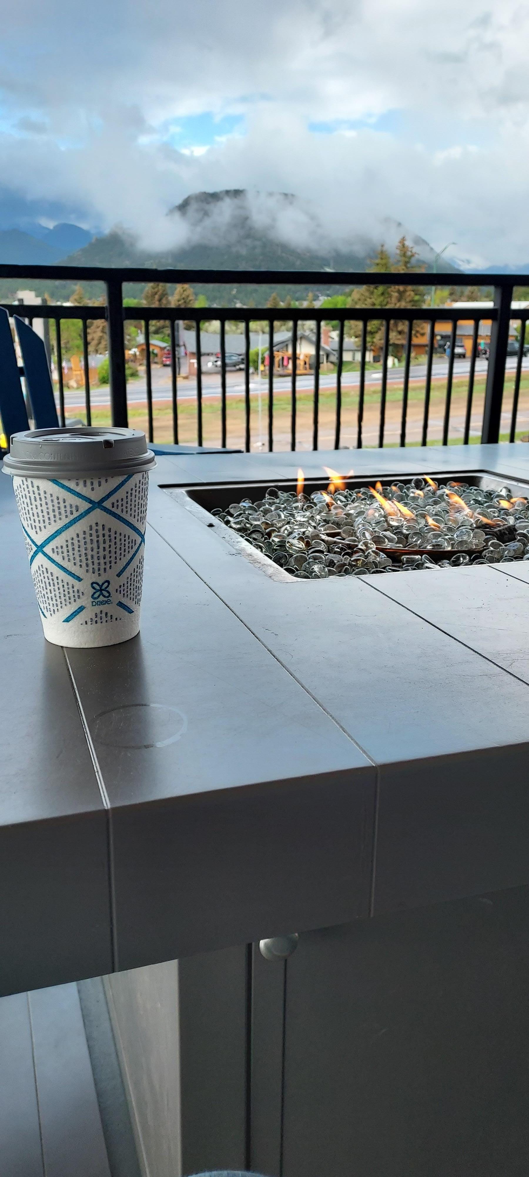 Great view, warm fire and hot coffee