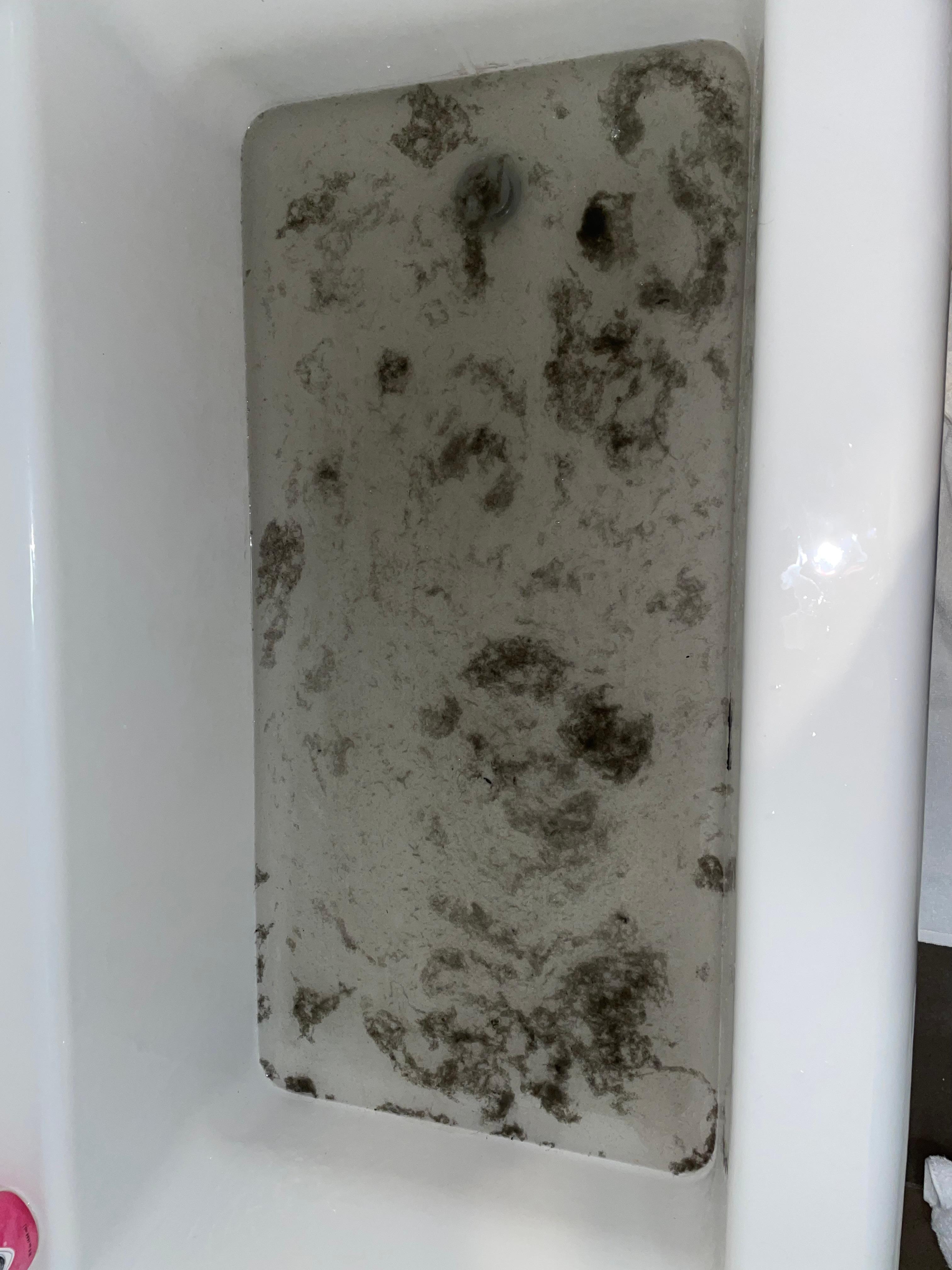 The tub after I cleaned the PTAC filters. 7 hours later it still hasn’t drained so we had to use a cup to get the water out and use what we could find to get the chunks out of the water.