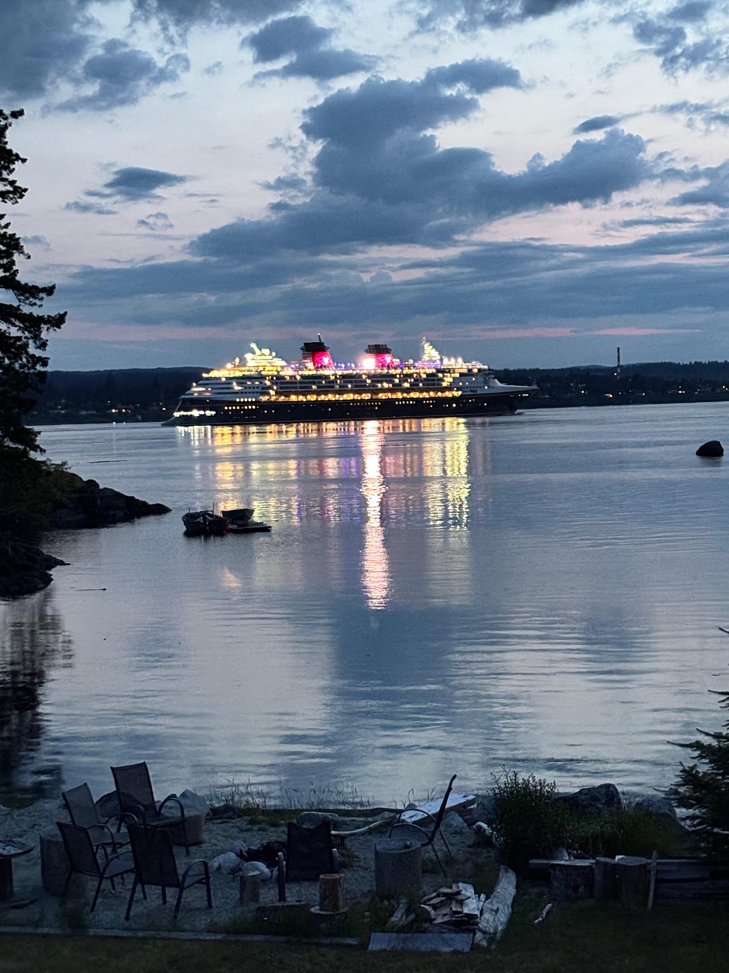 Disney cruise ship
Passing by lit up and very happy sounding