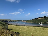 Walking into Bantham for breakfast at The Village Stores.
