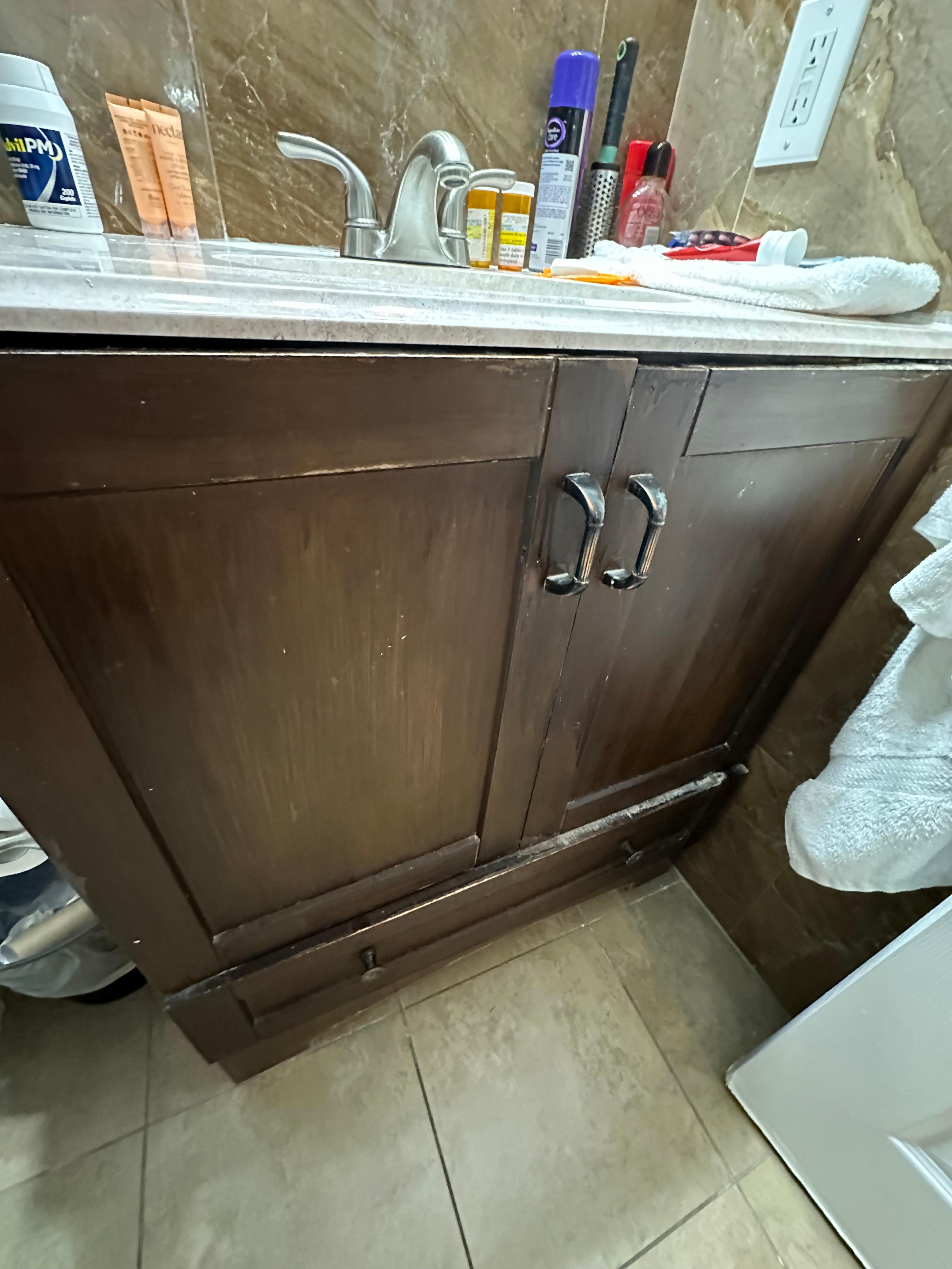 The bathroom vanity doors are disgusting. Zoom in.  