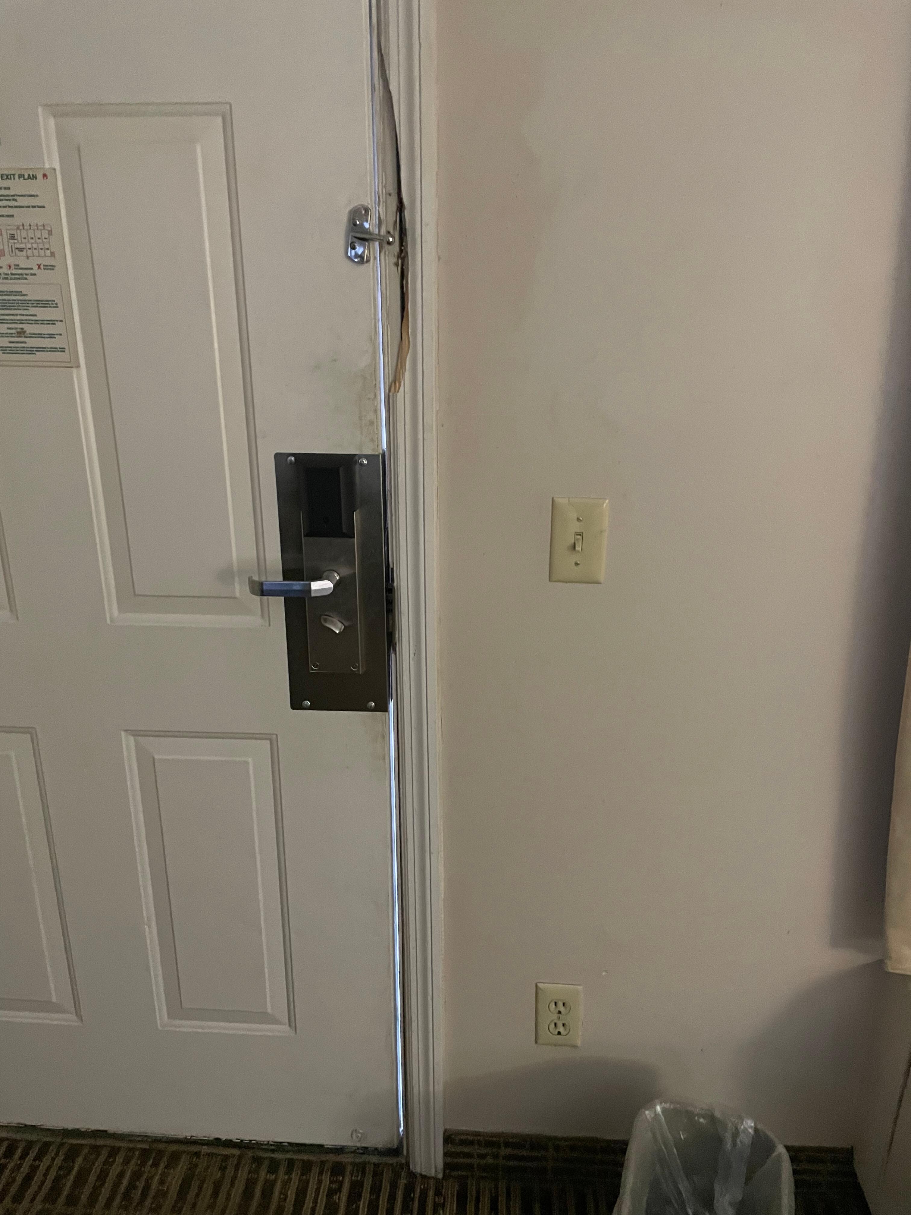 Sunlight coming in around the door. 