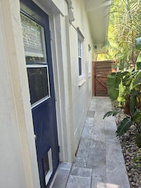 Secure side entrance. Blue door on left is the studio apt.