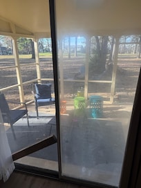 Fogged and inoperable sliding door.