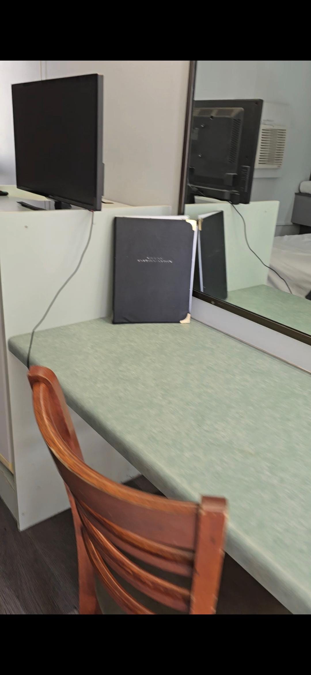 'tiny' freestanding TV, is only slightly larger than my tablet and cable is safety issue. I gave cable wide berth, so I didn't accidentally pull cable and TV smash on tiles.
Both chairs, didn't sit all 4 legs flat on floor. They both rocked.