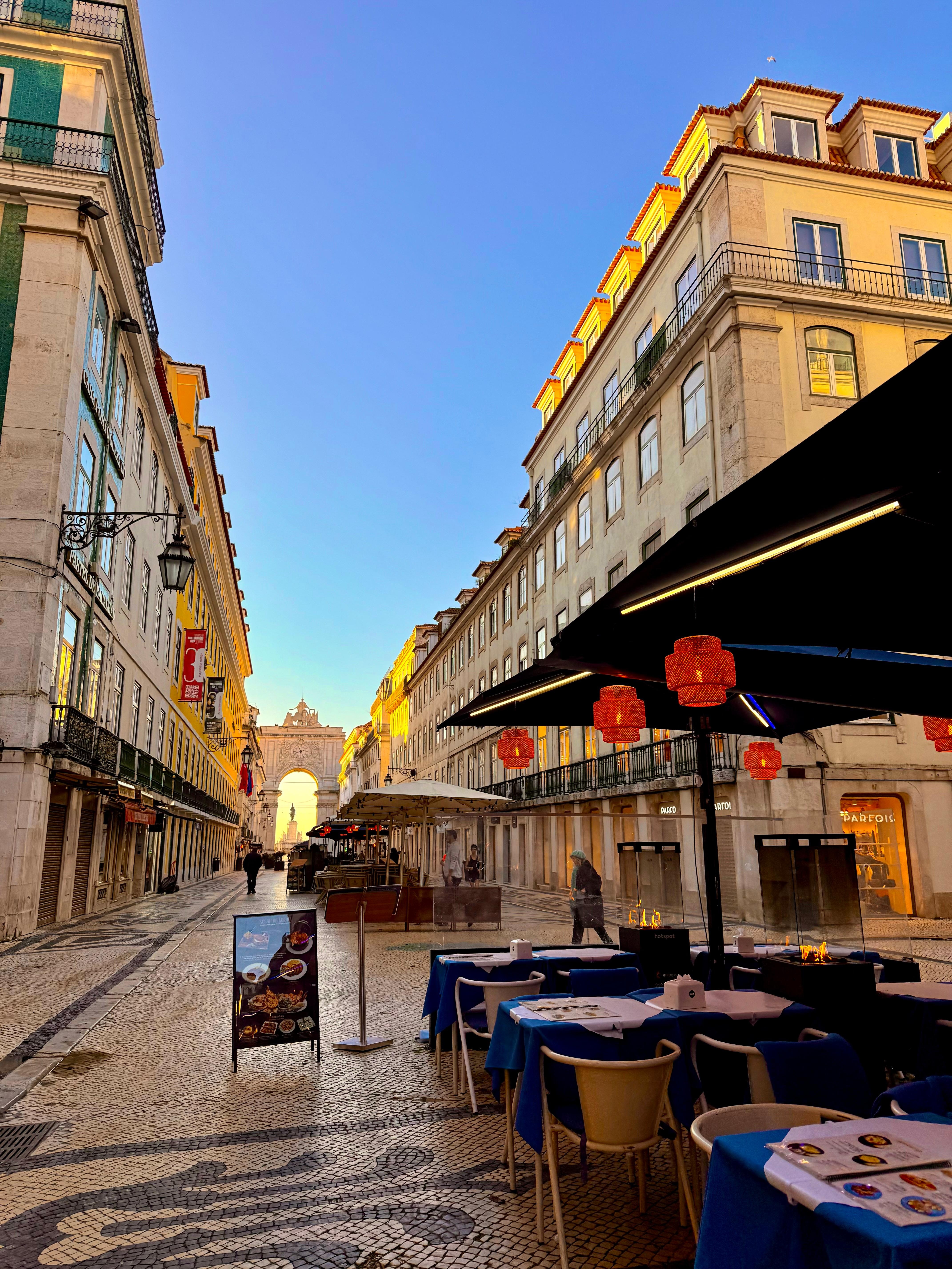 Vibrant Rua Augusta right outside the hotel — lined with restaurants, cafés, and shops, full of life both day and night in the heart of Lisbon.