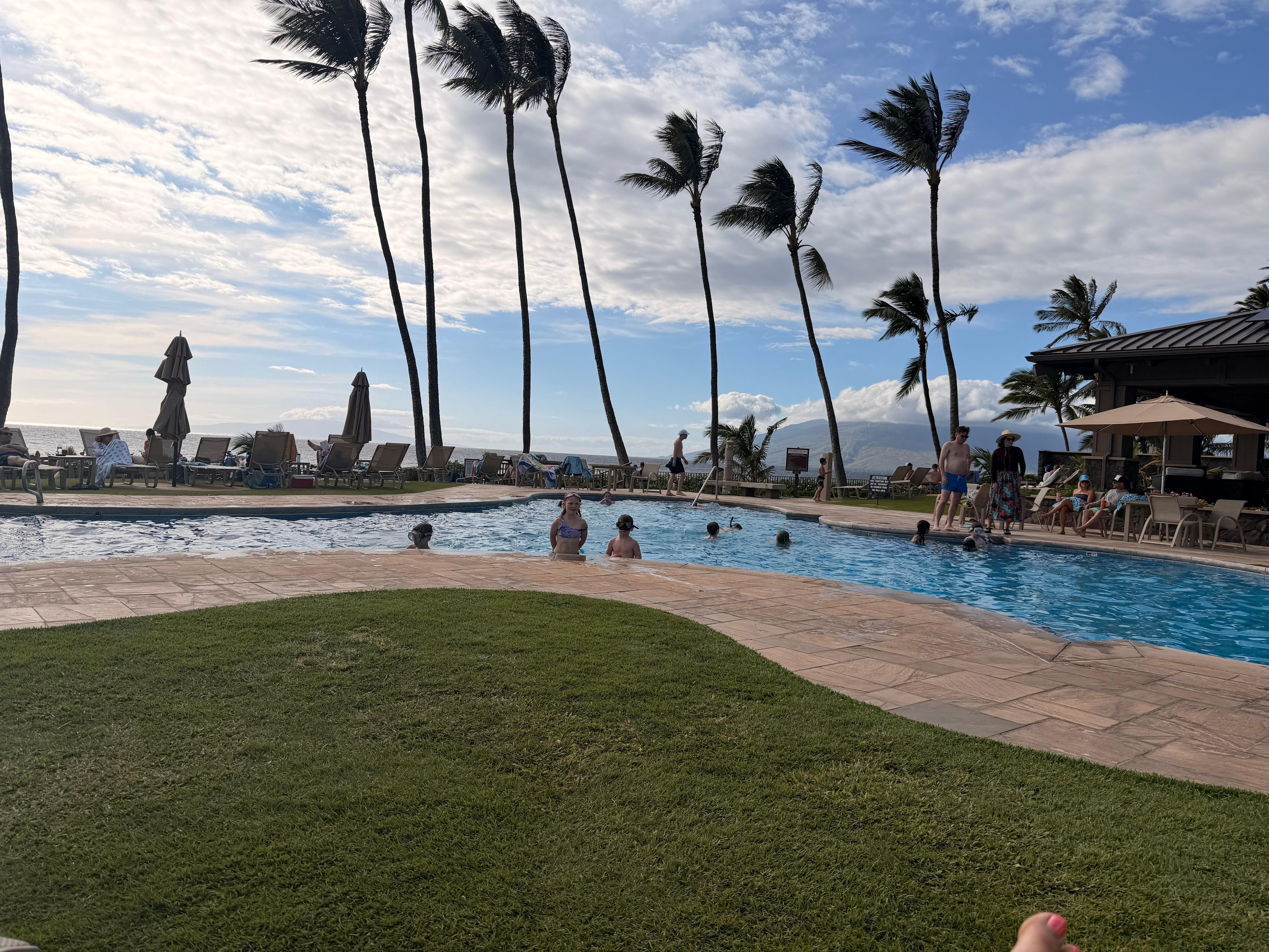Having fun at the larger, shallower, heated pool by the ocean. 