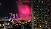 Evening view with a fireworks show over the bay.