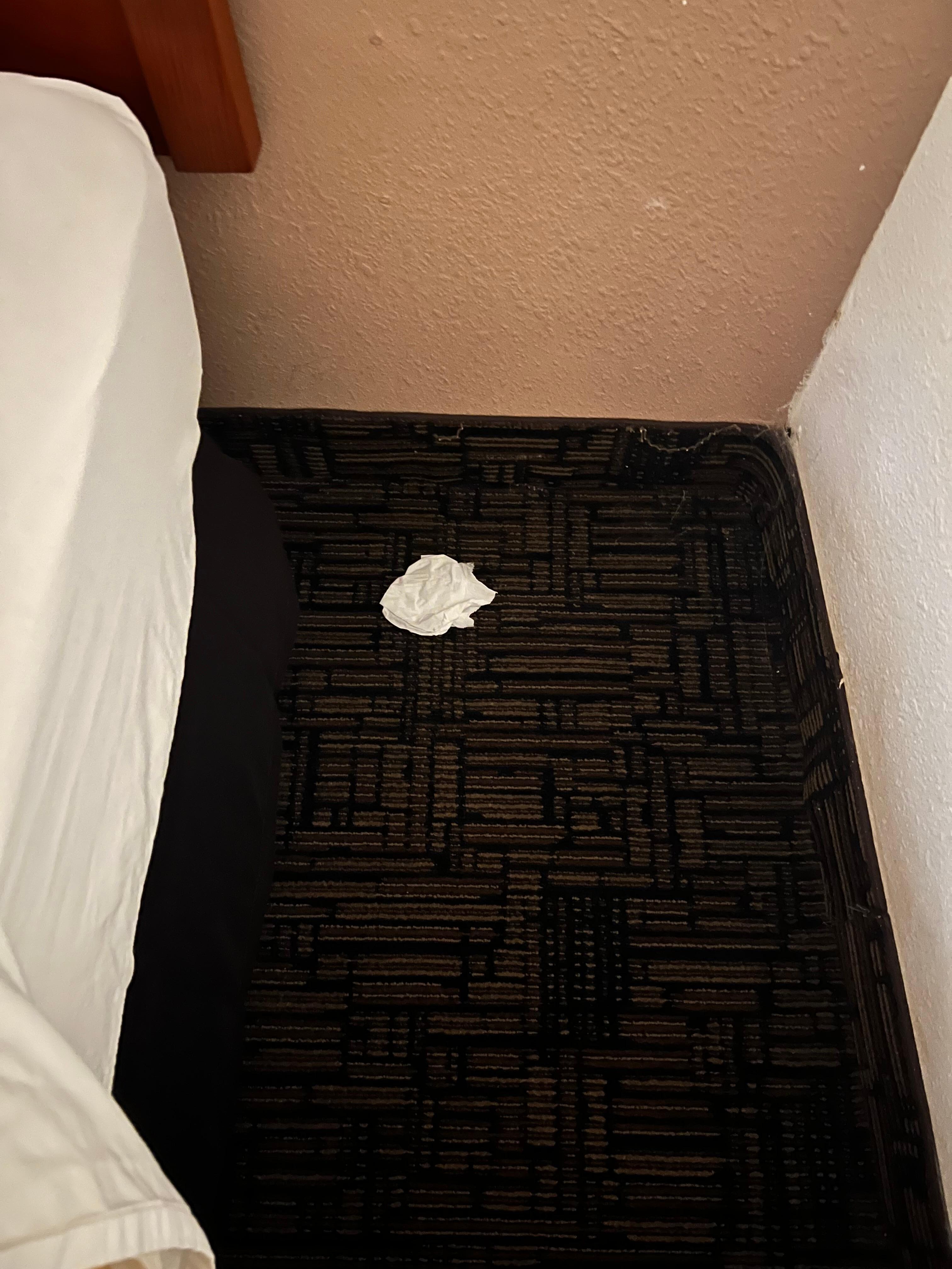 Tissues found on floor beside the bed. 