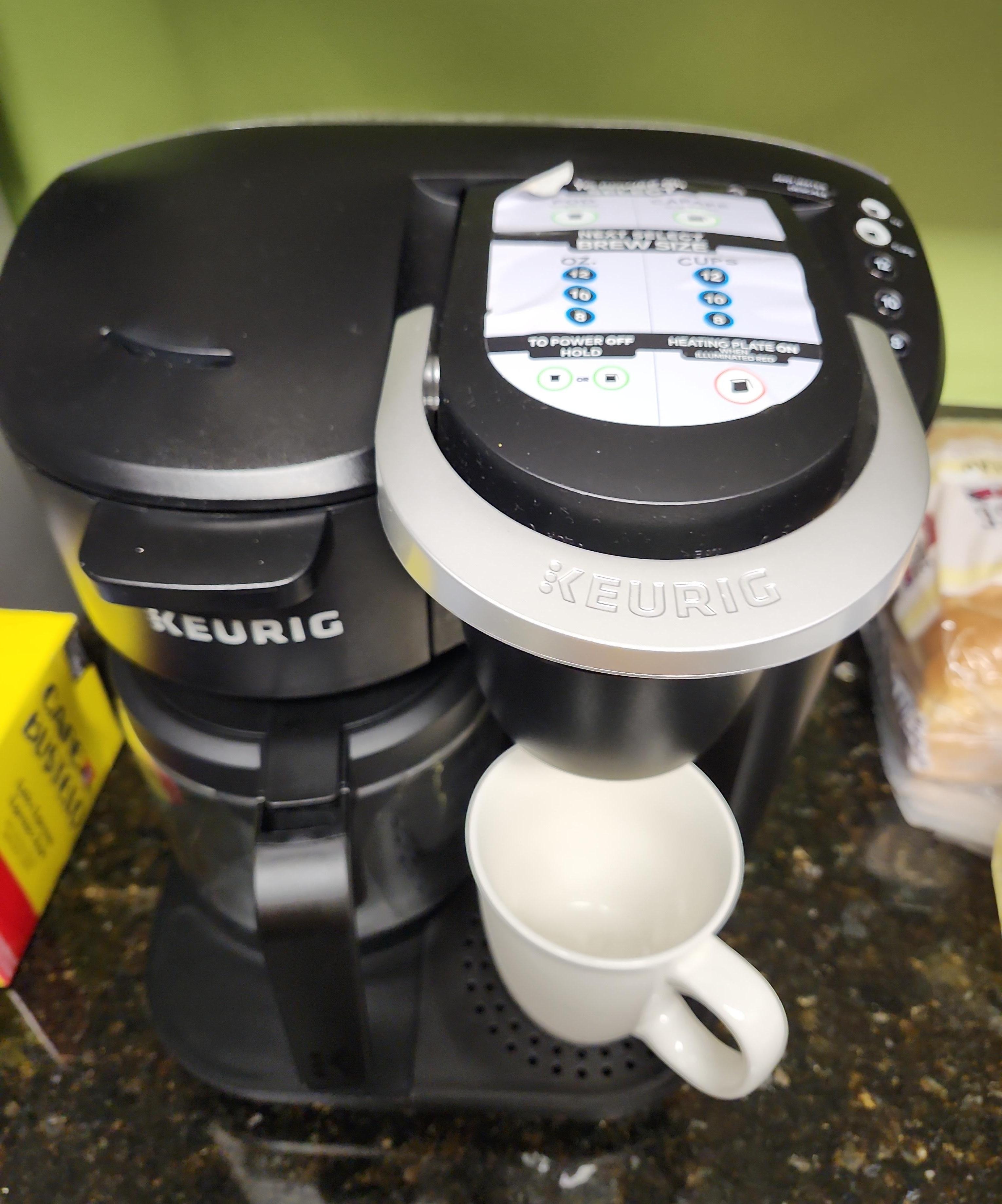 Keurig- bring coffee or pods! Plugs by refridgerator didnt work. Used plug by sink.