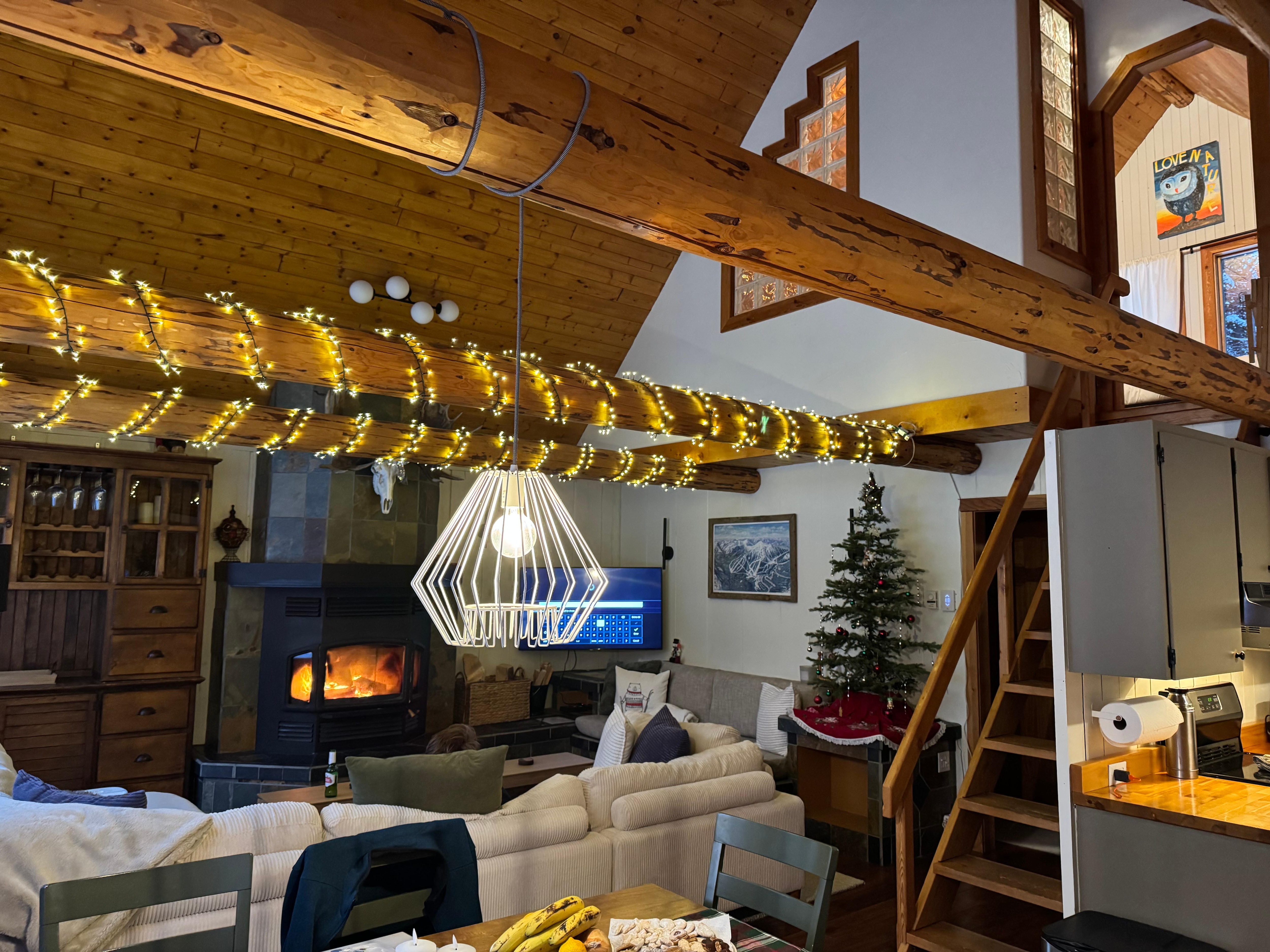 Christmas light and a fireplace 